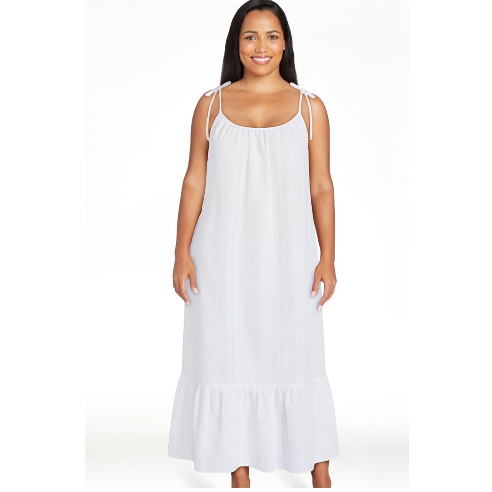 White Nightgown Seersucker  Ruffle Tie Shoulder XL NWT Cottagecore Loungie